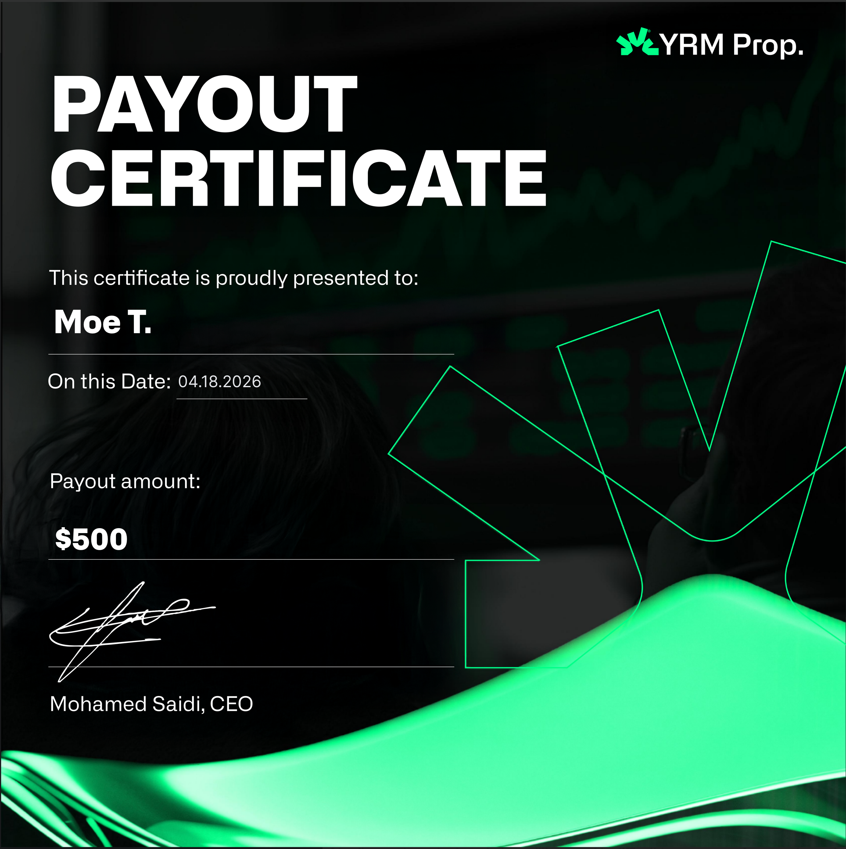 Payout certificate β Moe T. $500.00