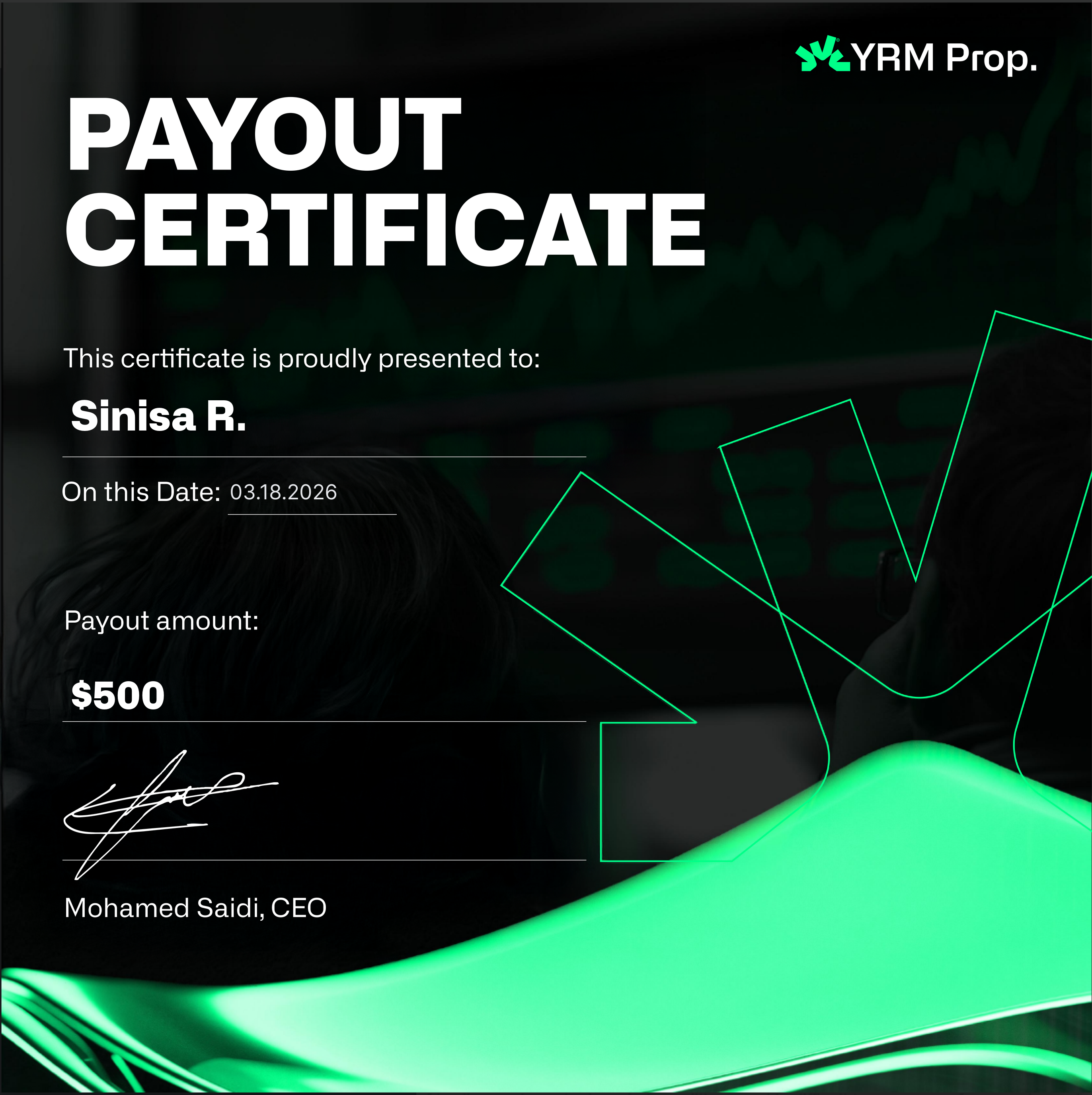 Payout certificate β Sinisa R. $500.00