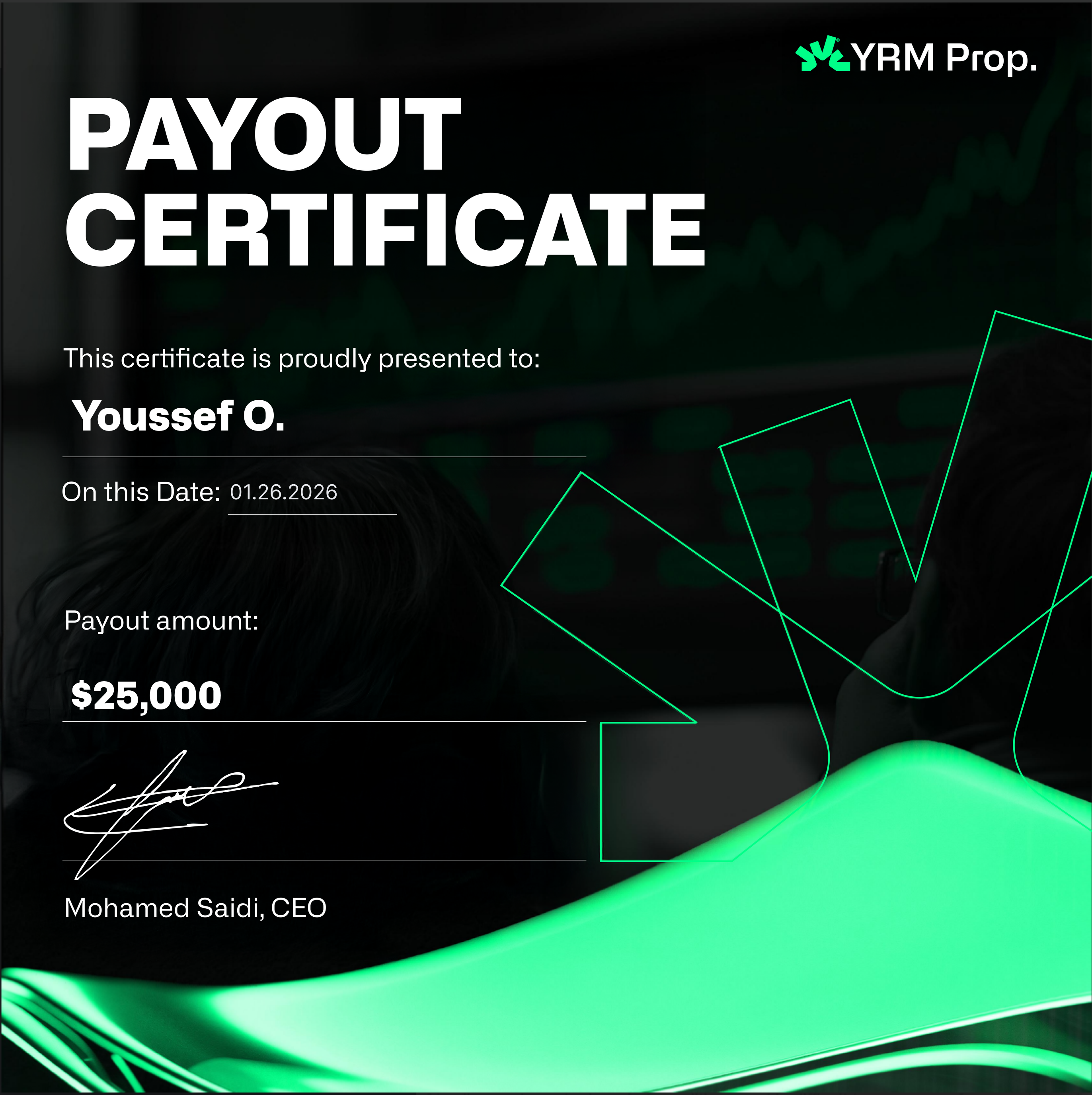 Payout certificate β Youssef O. $25,000.00