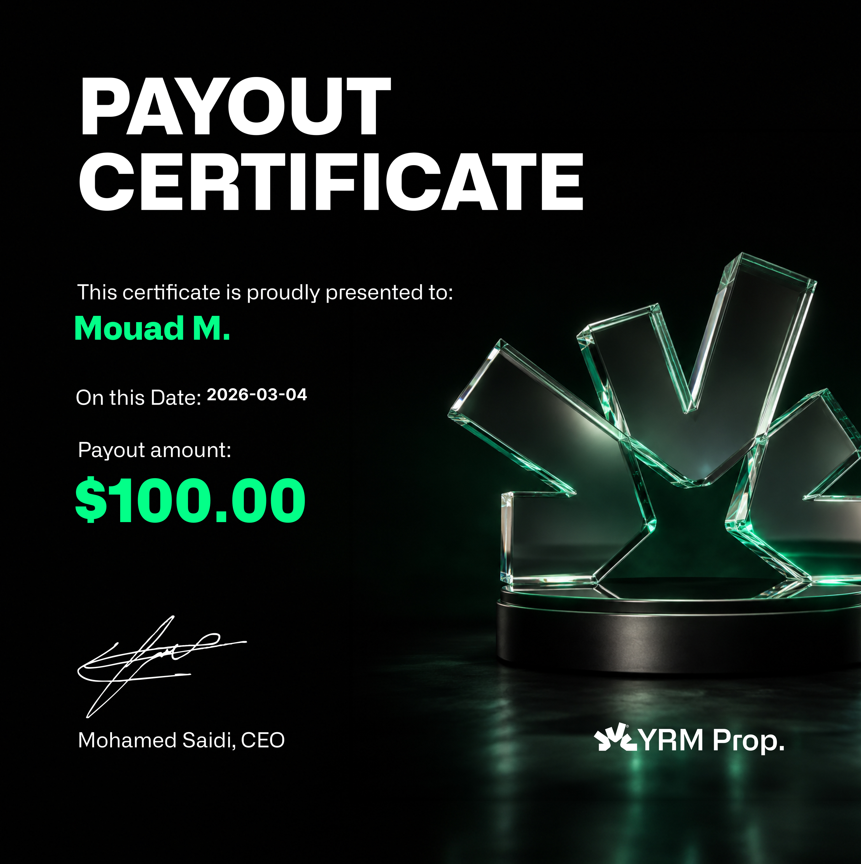 Payout certificate β Mouad M. $100.00
