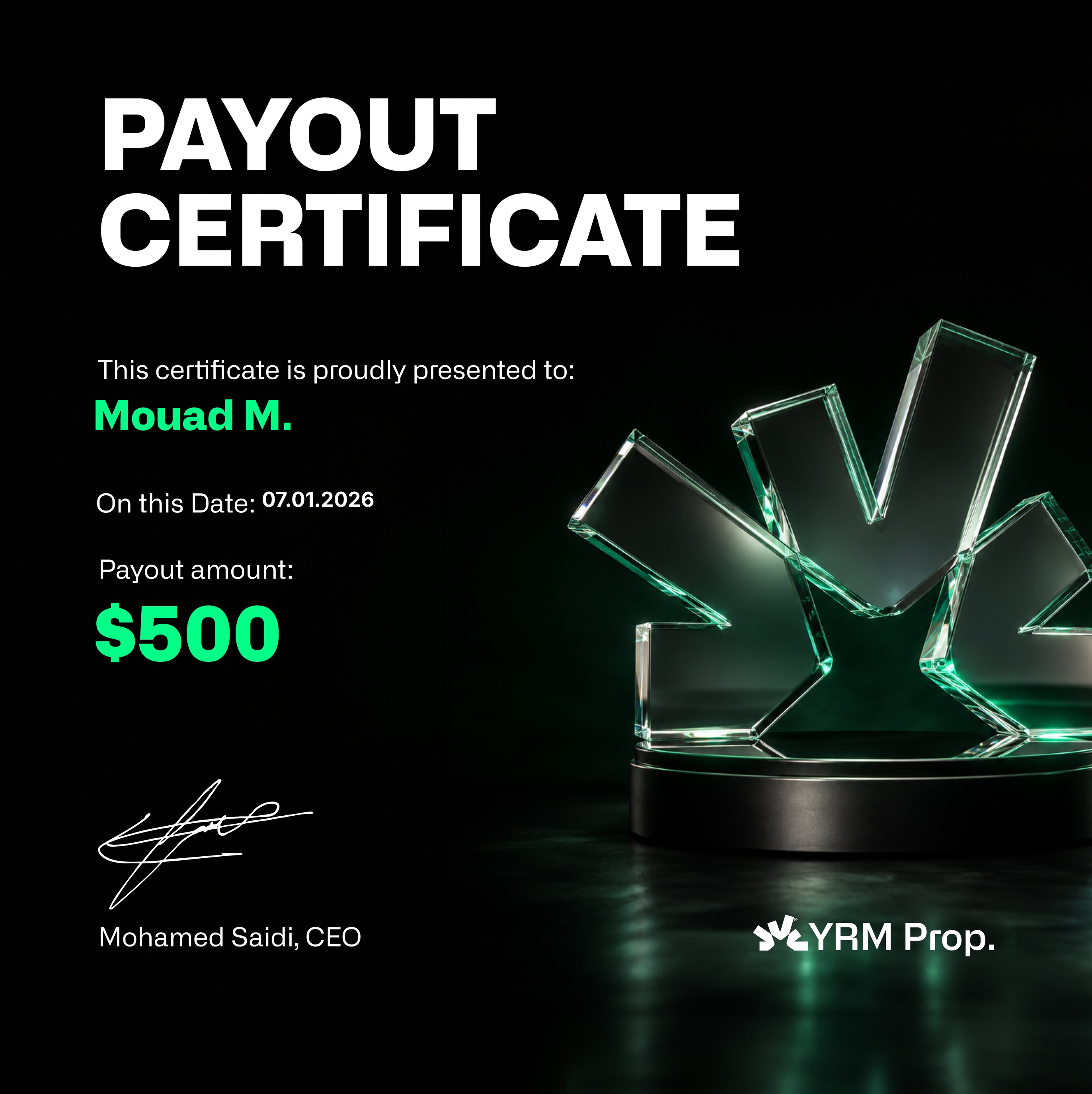 Payout certificate β Mouad M. $500.00